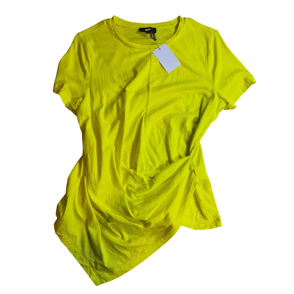 DKNY Womens Neon Yellow Asymmetrical Draped Twist Hem Short Sleeve Top M NWT